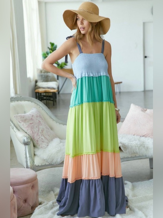 J.NNA Dresses & Skirts - Tiered Colorblock Maxi Dress - Pastel Multi